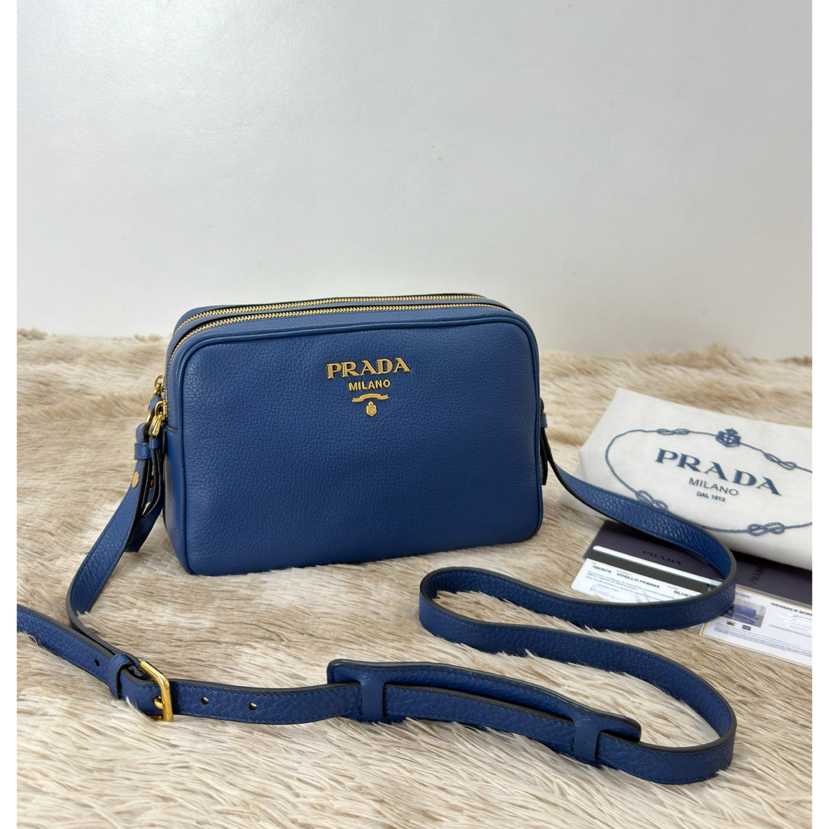 Prada Bluette Vitello Phenix Double Zip Camera Bag