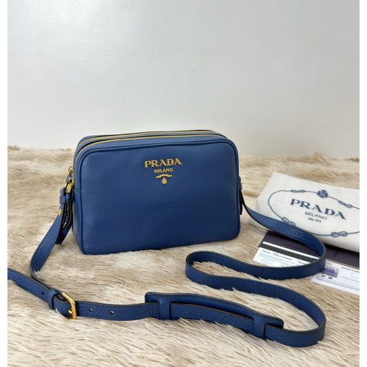 Prada Bluette Vitello Phenix Double Zip Camera Bag