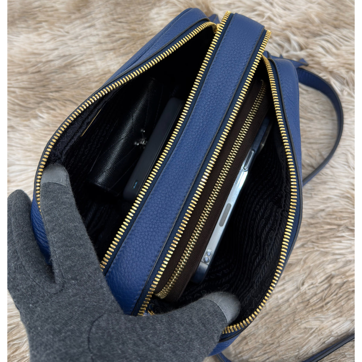 Prada Bluette Vitello Phenix Double Zip Camera Bag