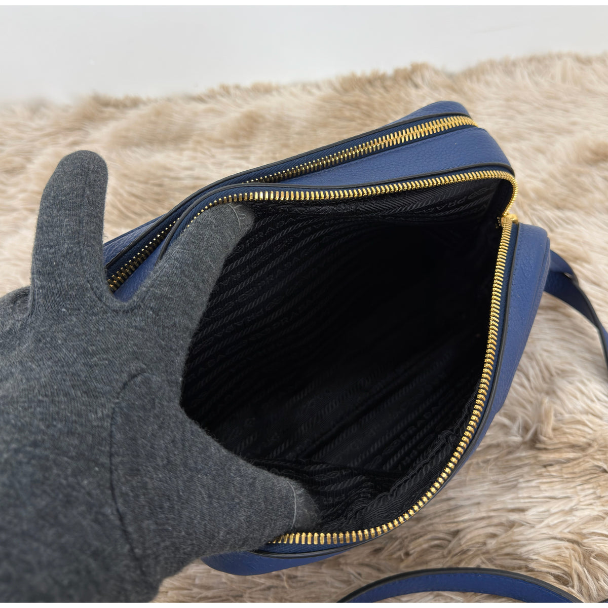 Prada Bluette Vitello Phenix Double Zip Camera Bag
