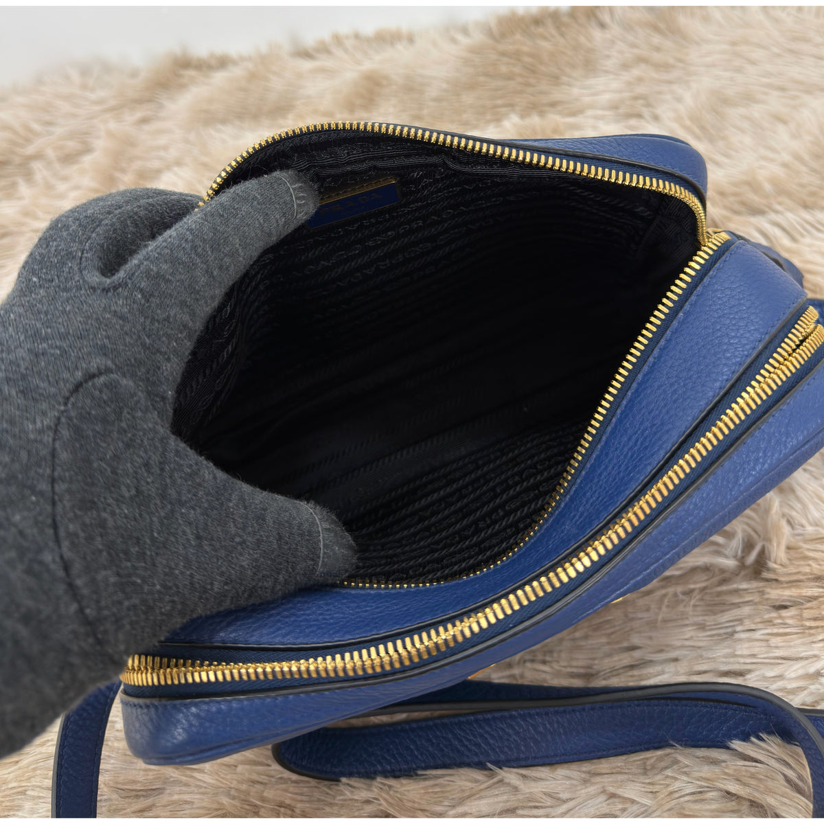 Prada Bluette Vitello Phenix Double Zip Camera Bag