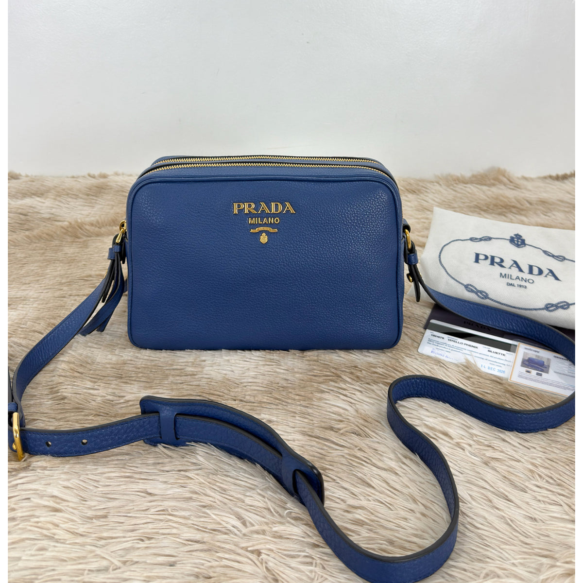 Prada Bluette Vitello Phenix Double Zip Camera Bag