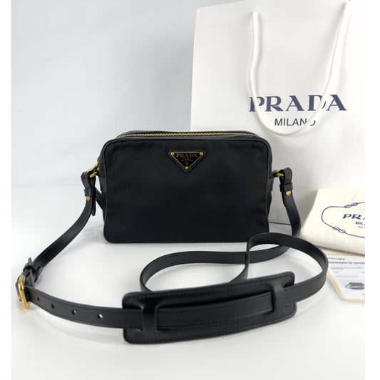Prada Black Nylon/Leather Zip-Top Camera Crossbody Bag 1BH085
