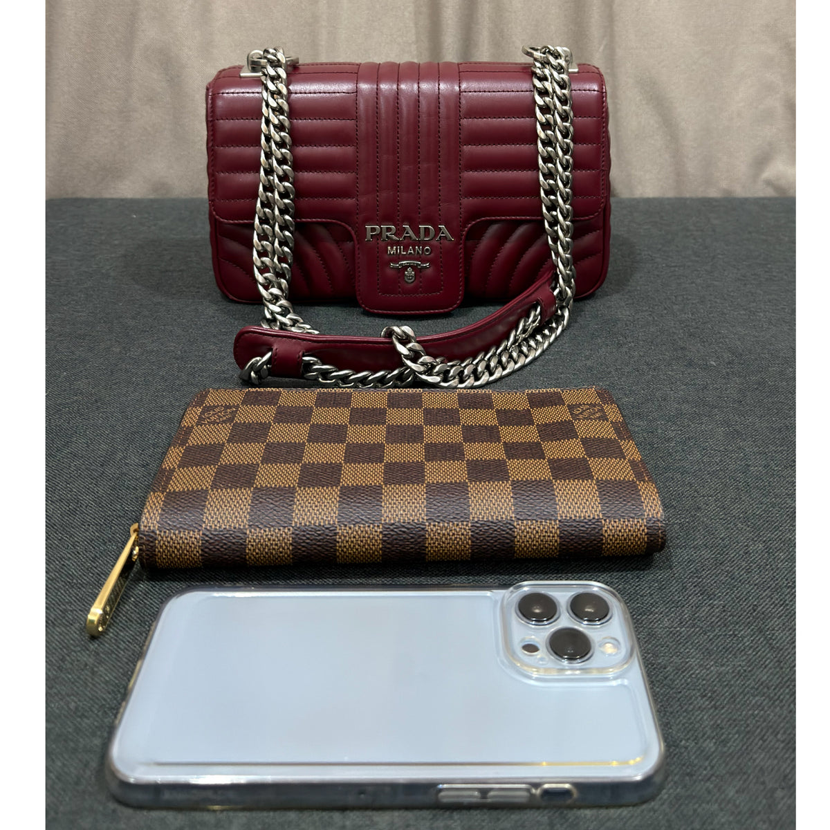 Prada Burgundy Soft Calf Impuntu Diagramme Medium