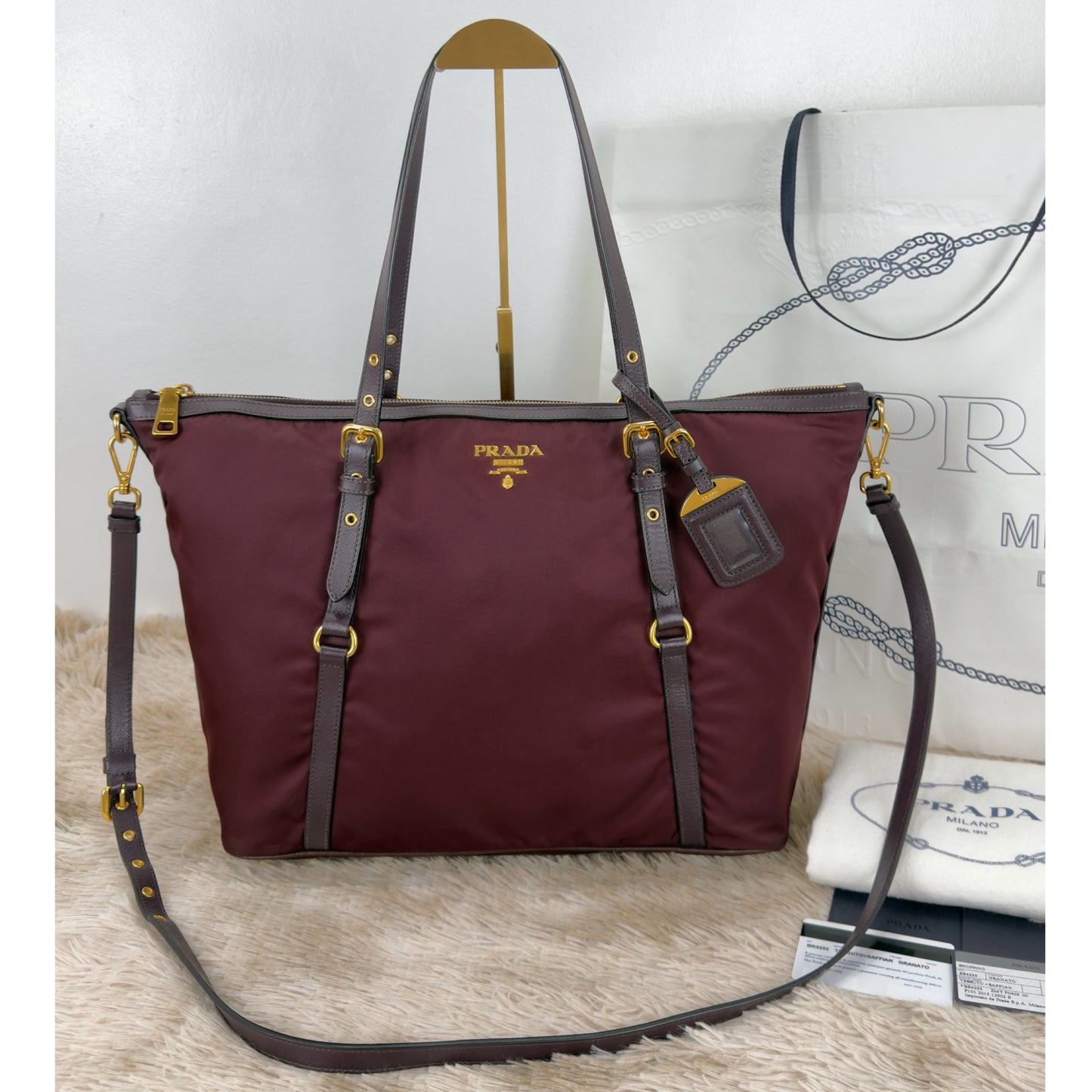 Prada Tessuto Nylon and Saffiano Leather Tote Bag In Burgundy