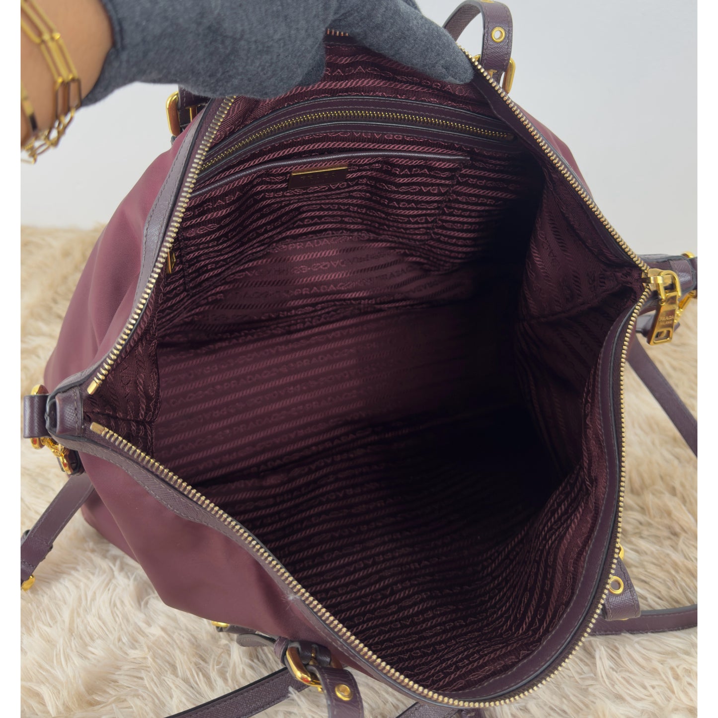 Prada Tessuto Nylon and Saffiano Leather Tote Bag In Burgundy
