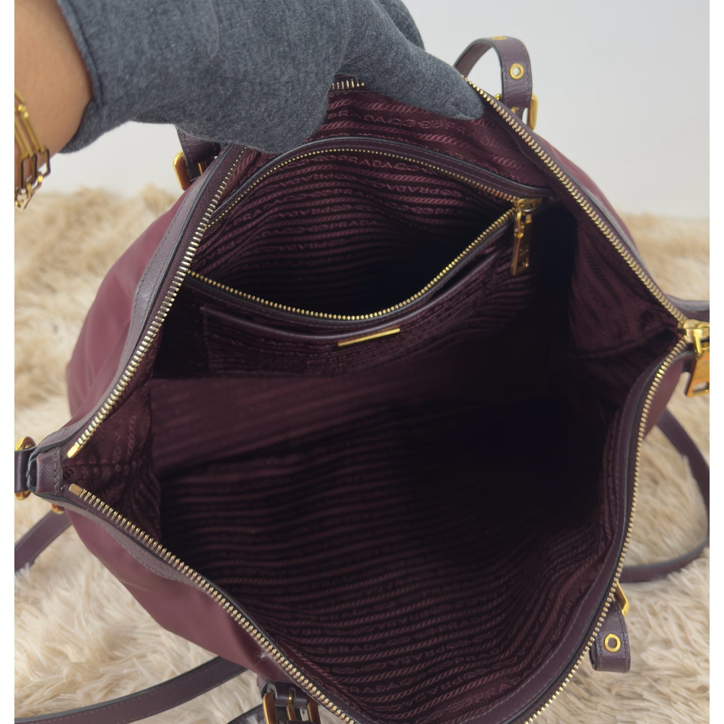 Prada Tessuto Nylon and Saffiano Leather Tote Bag In Burgundy