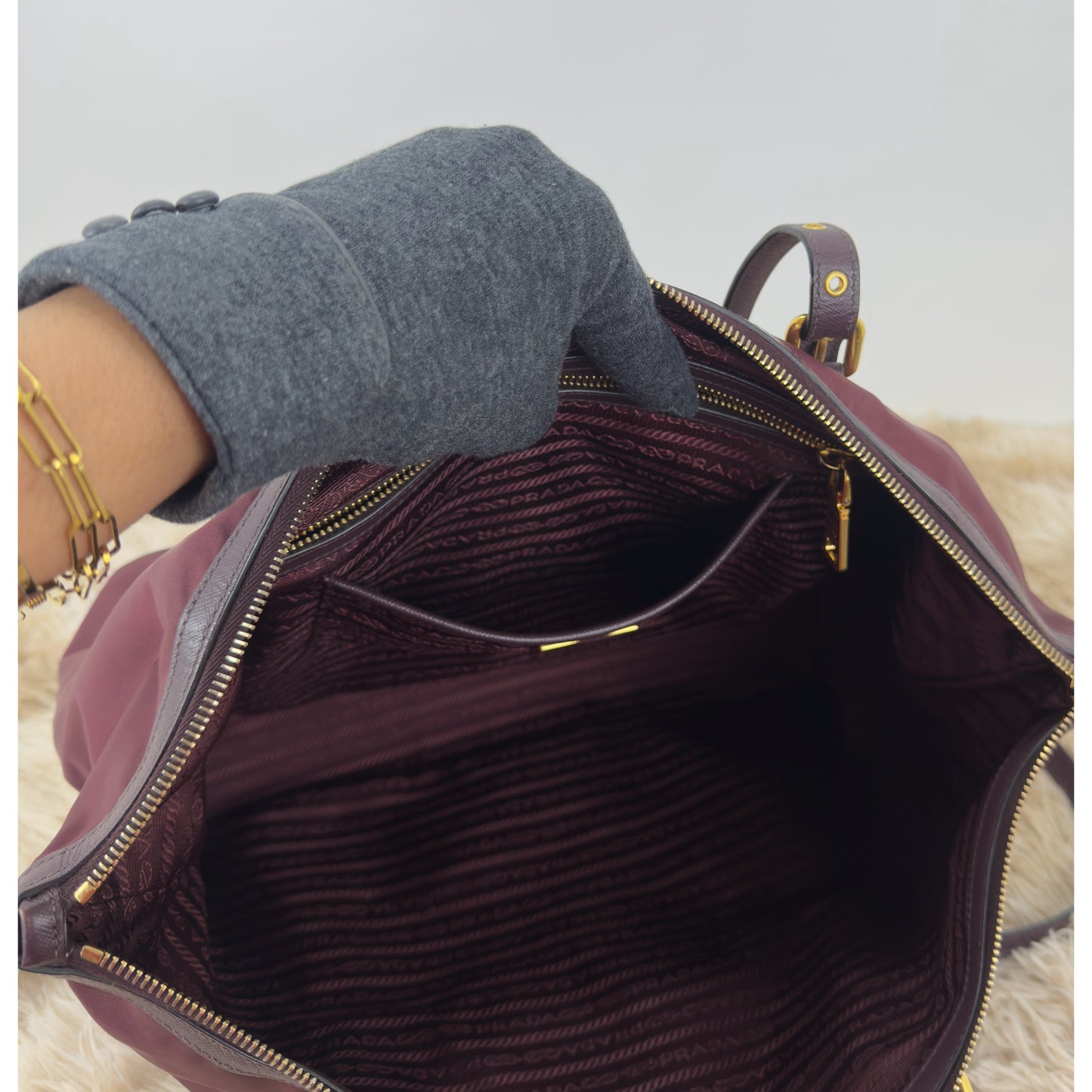 Prada Tessuto Nylon and Saffiano Leather Tote Bag In Burgundy
