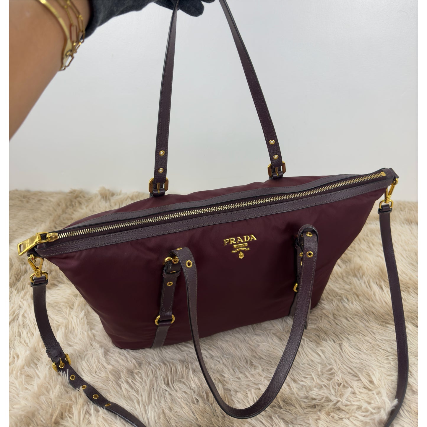 Prada Tessuto Nylon and Saffiano Leather Tote Bag In Burgundy