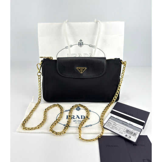 Prada Black Tessuto Nylon Saffiano Chain Crossbody Bag