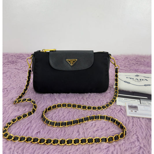 Prada Tessuto Nylon Saffiano Leather Chain Crossbody