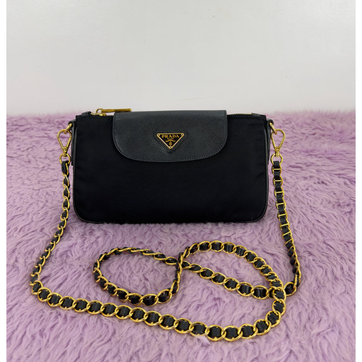 Prada Tessuto Nylon Saffiano Leather Chain Crossbody