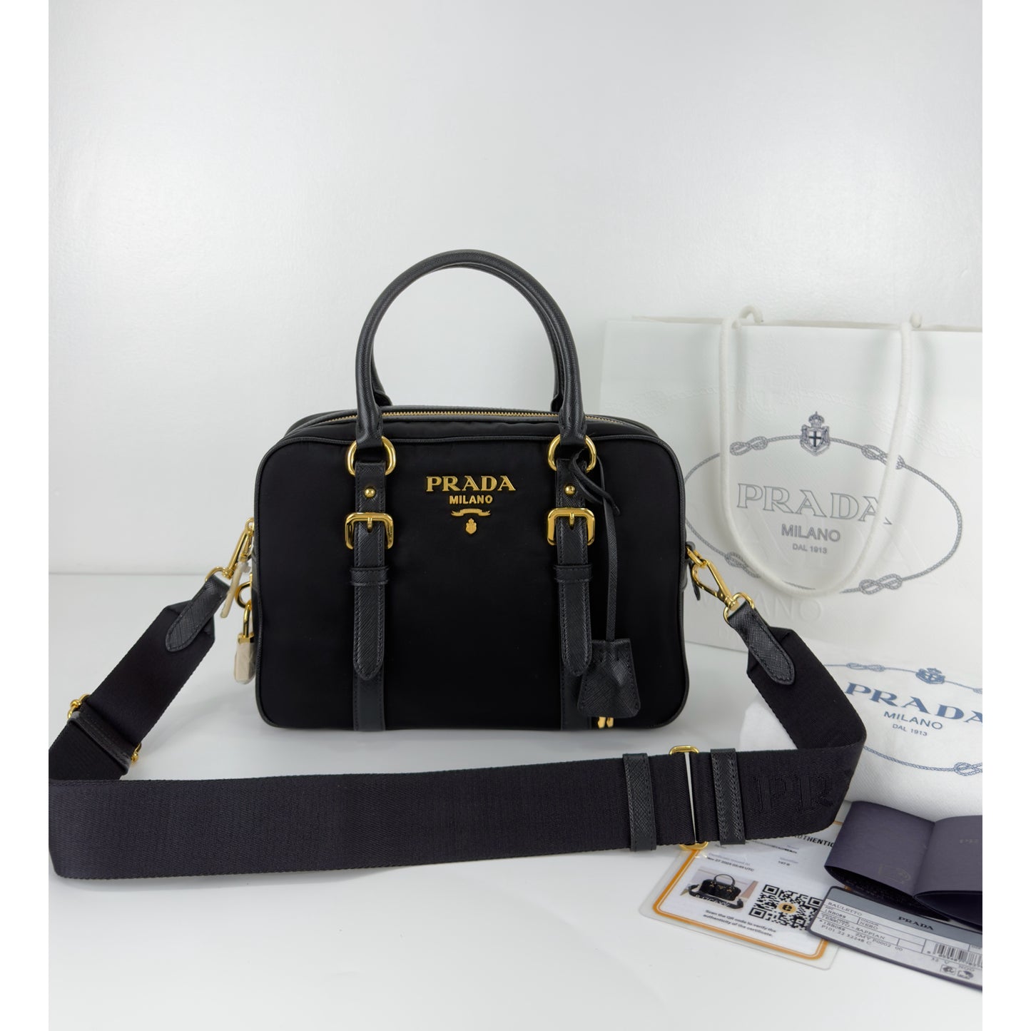 Prada Black Nylon and Leather Bauletto Satchel Bag