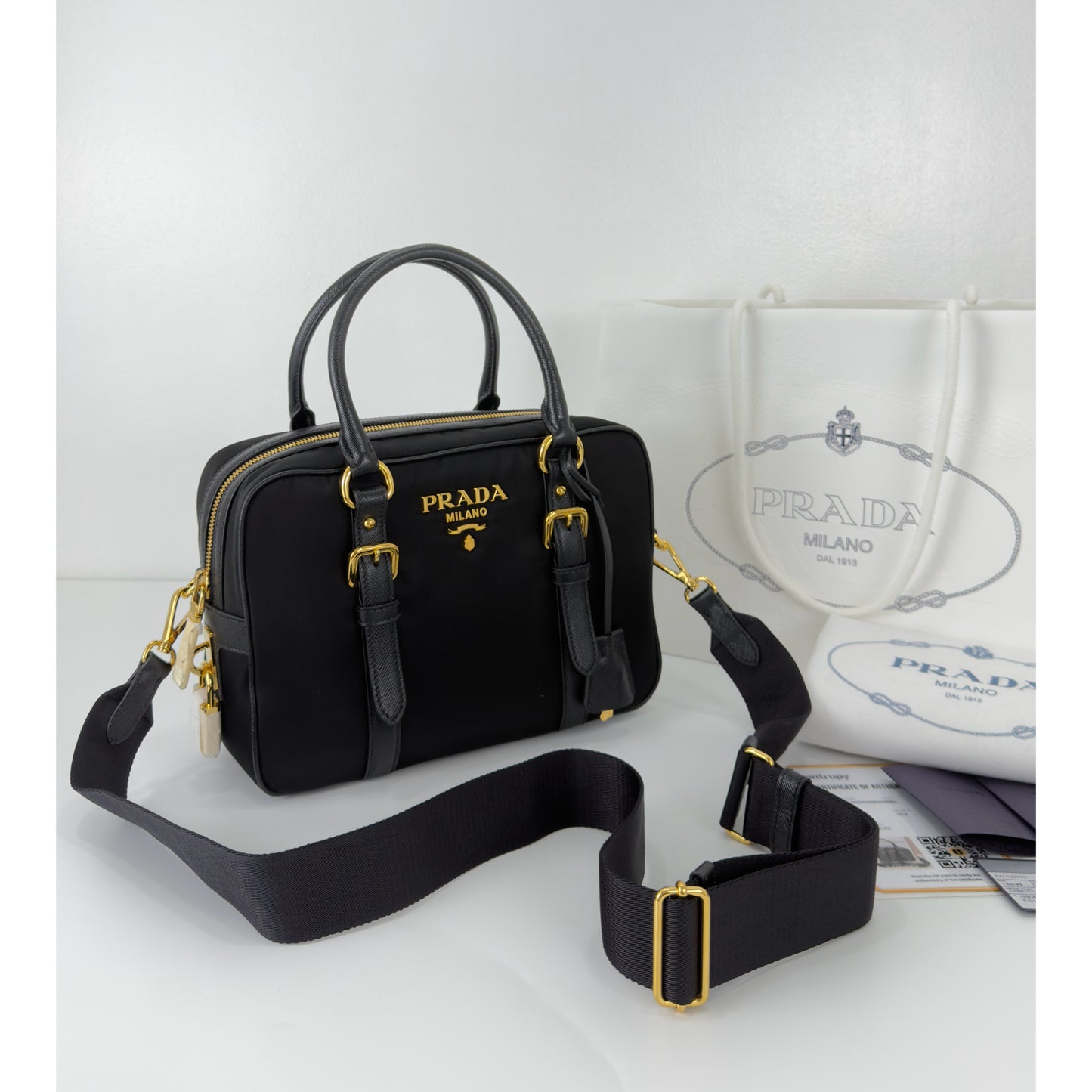 Prada Black Nylon and Leather Bauletto Satchel Bag