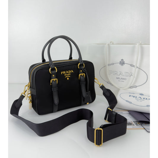 Prada Black Nylon and Leather Bauletto Satchel Bag