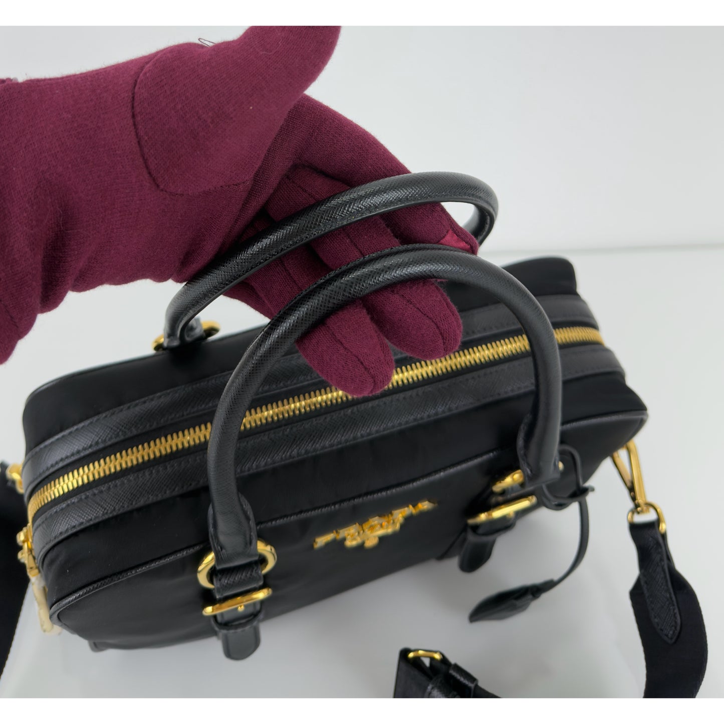 Prada Black Nylon and Leather Bauletto Satchel Bag