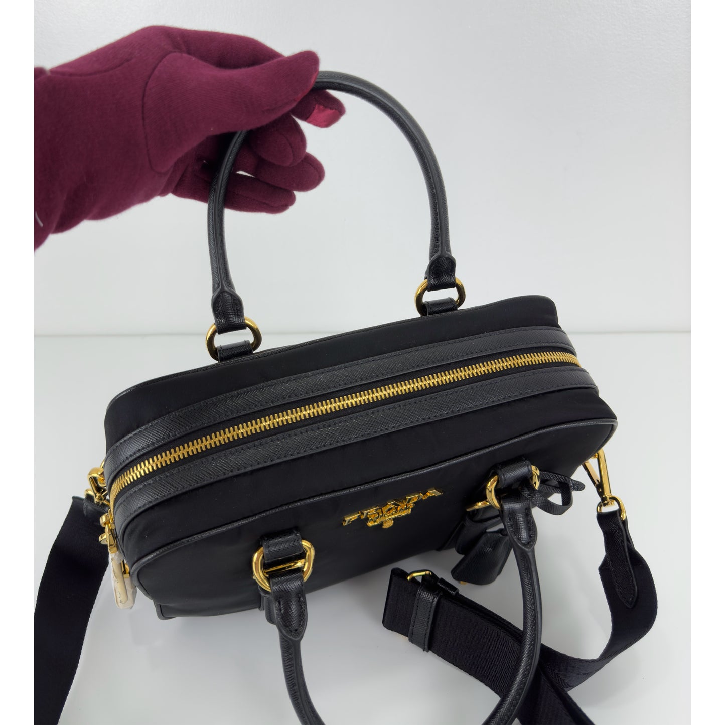Prada Black Nylon and Leather Bauletto Satchel Bag