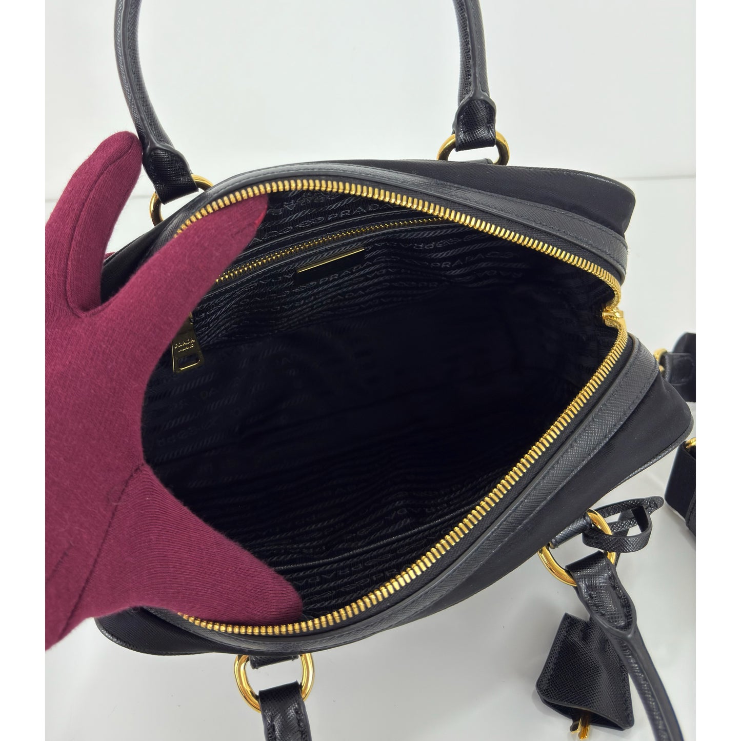 Prada Black Nylon and Leather Bauletto Satchel Bag