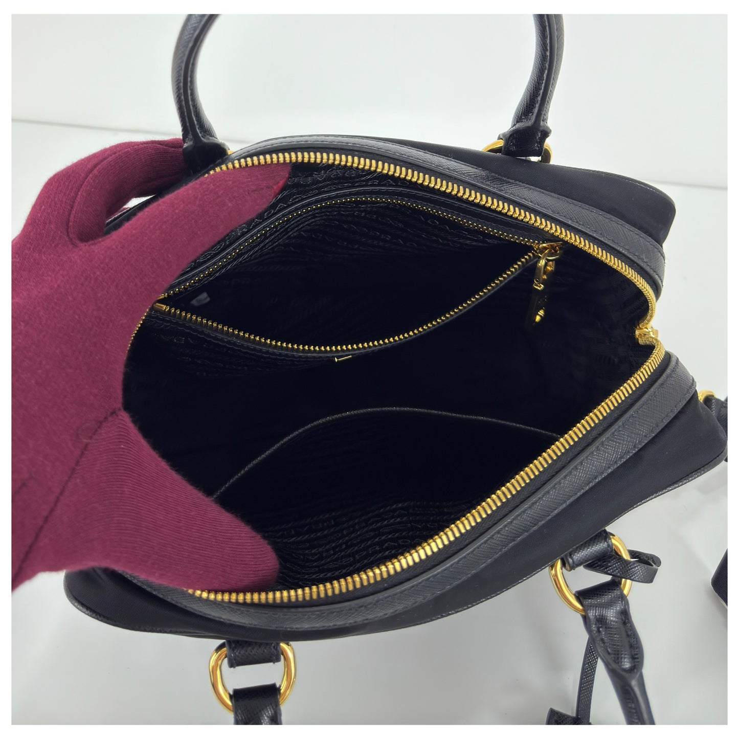 Prada Black Nylon and Leather Bauletto Satchel Bag