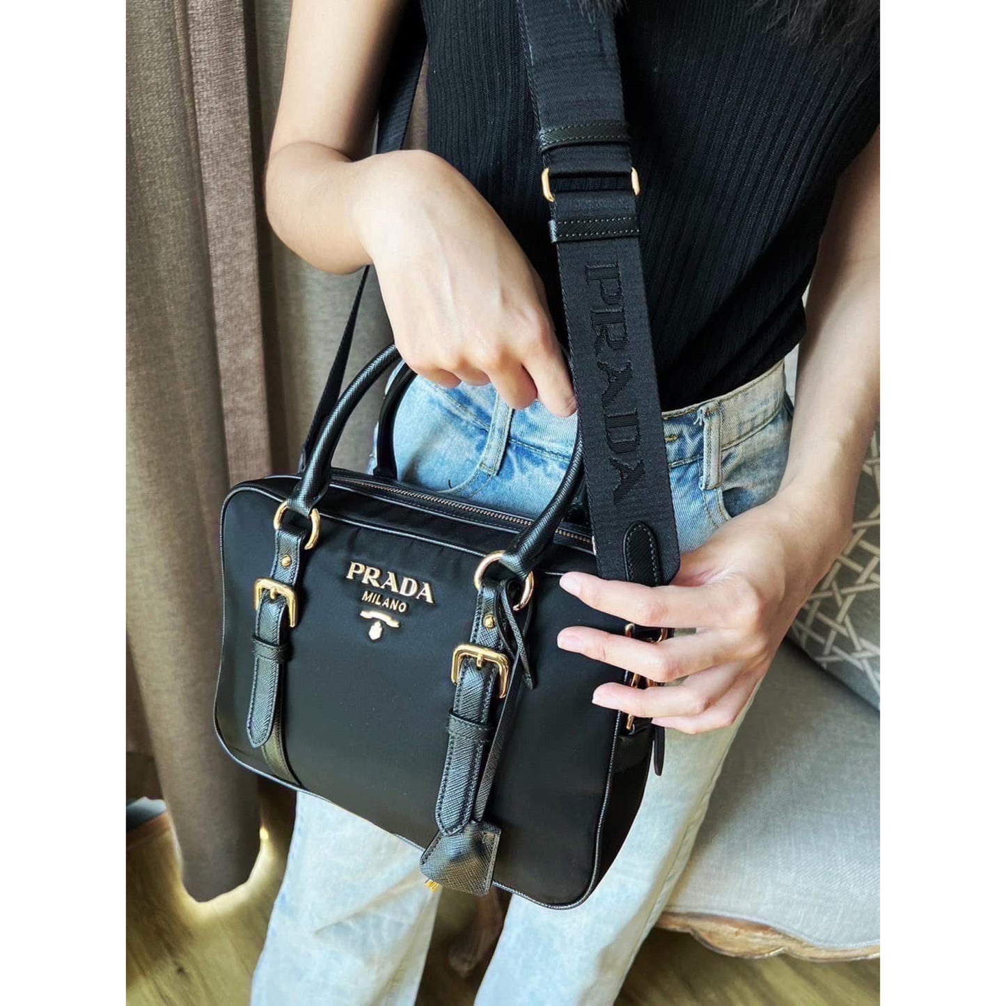 Prada Black Nylon and Leather Bauletto Satchel Bag