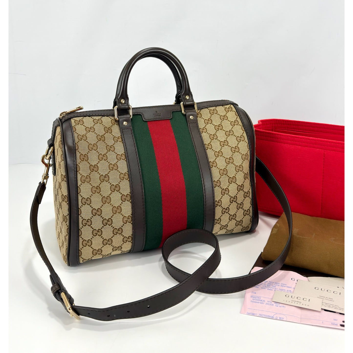 Gucci Brown Monogram Canvas Web Boston Bag