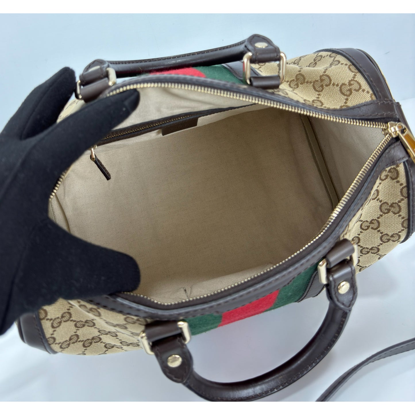 Gucci Brown Monogram Canvas Web Boston Bag