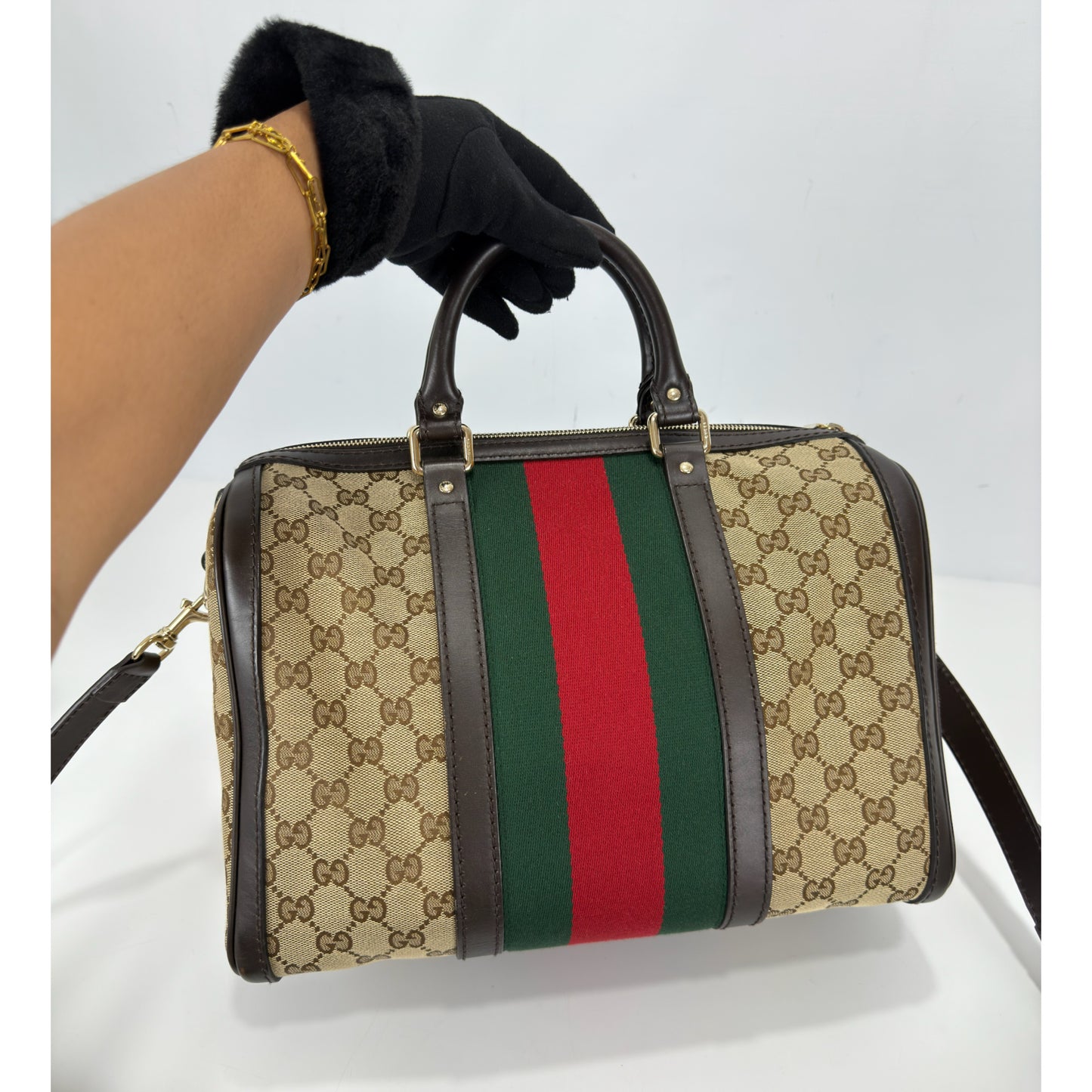 Gucci Brown Monogram Canvas Web Boston Bag