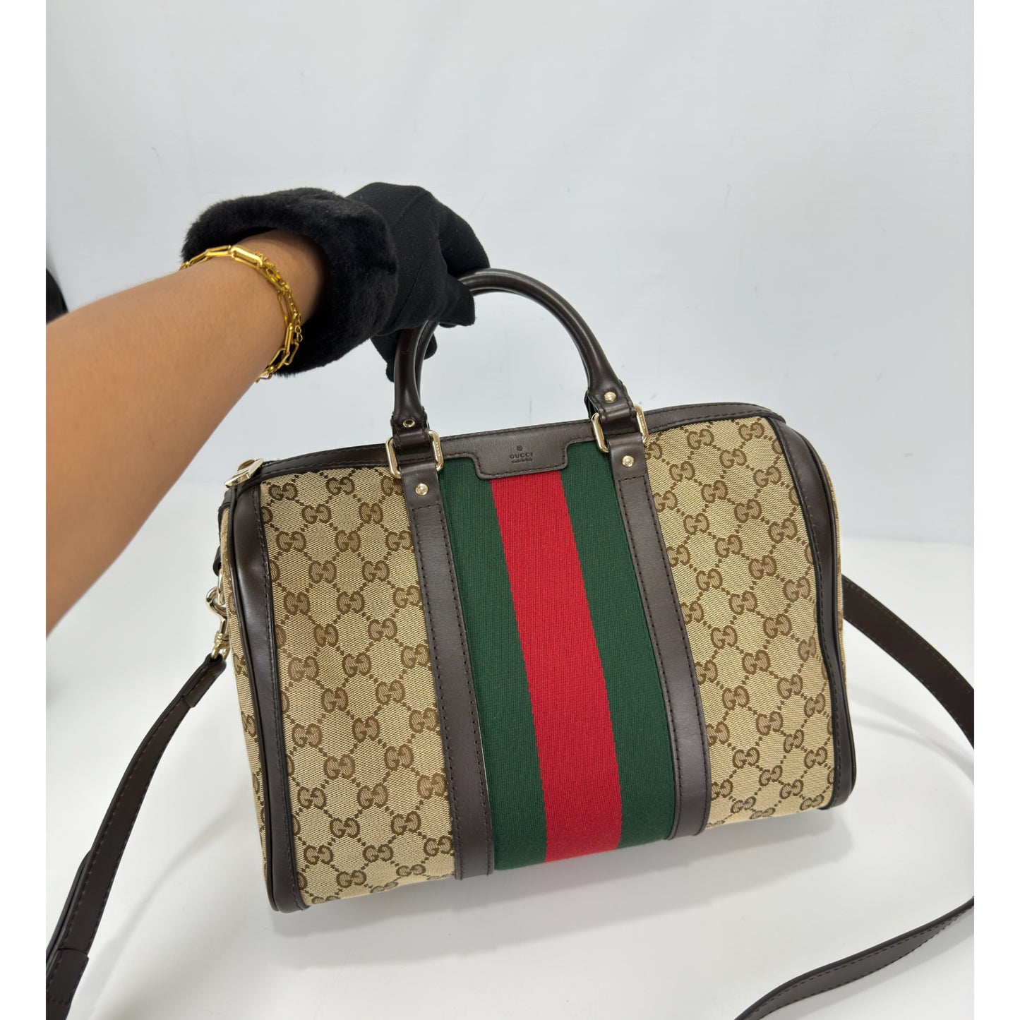 Gucci Brown Monogram Canvas Web Boston Bag