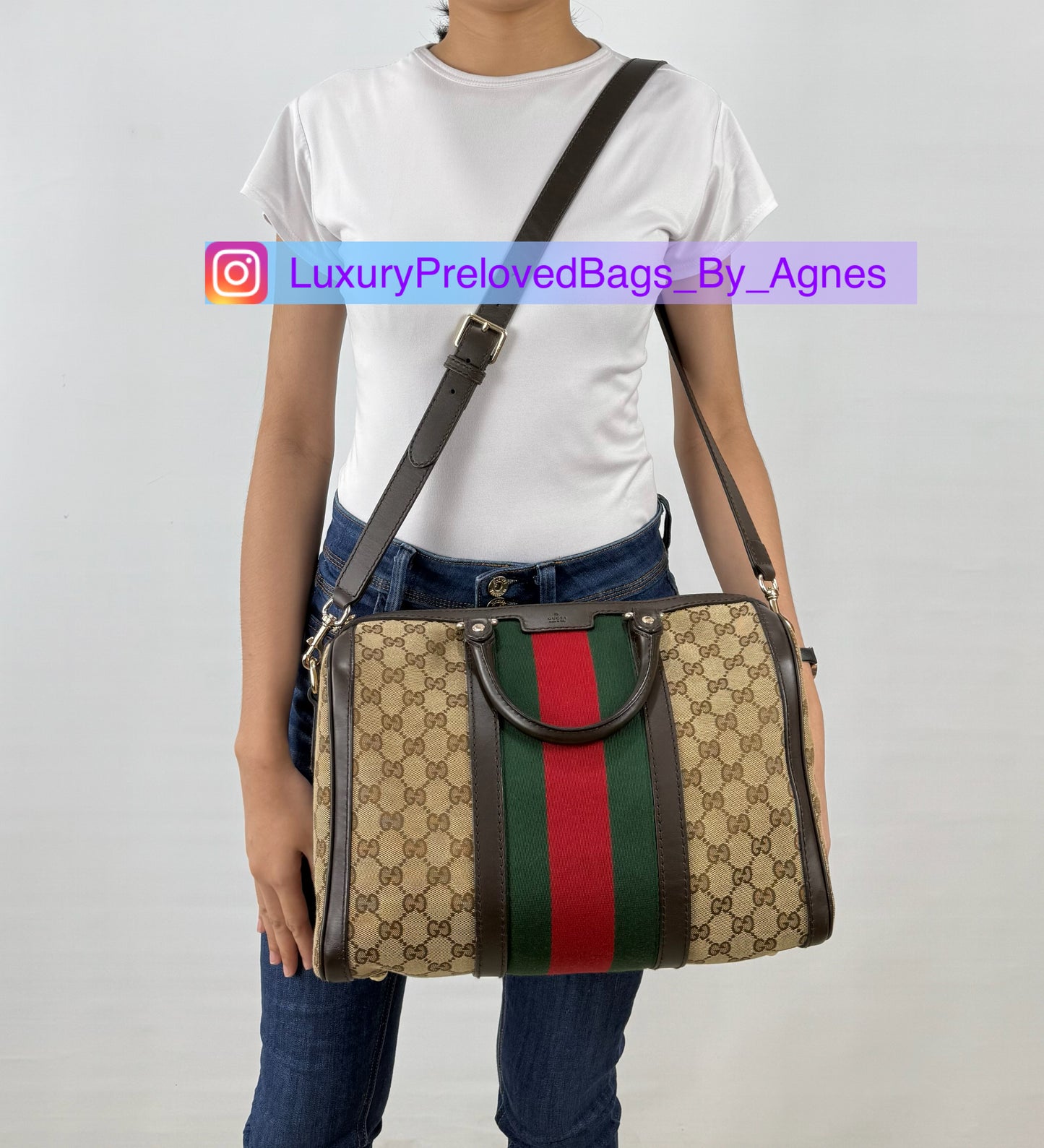 Gucci Brown Monogram Canvas Web Boston Bag