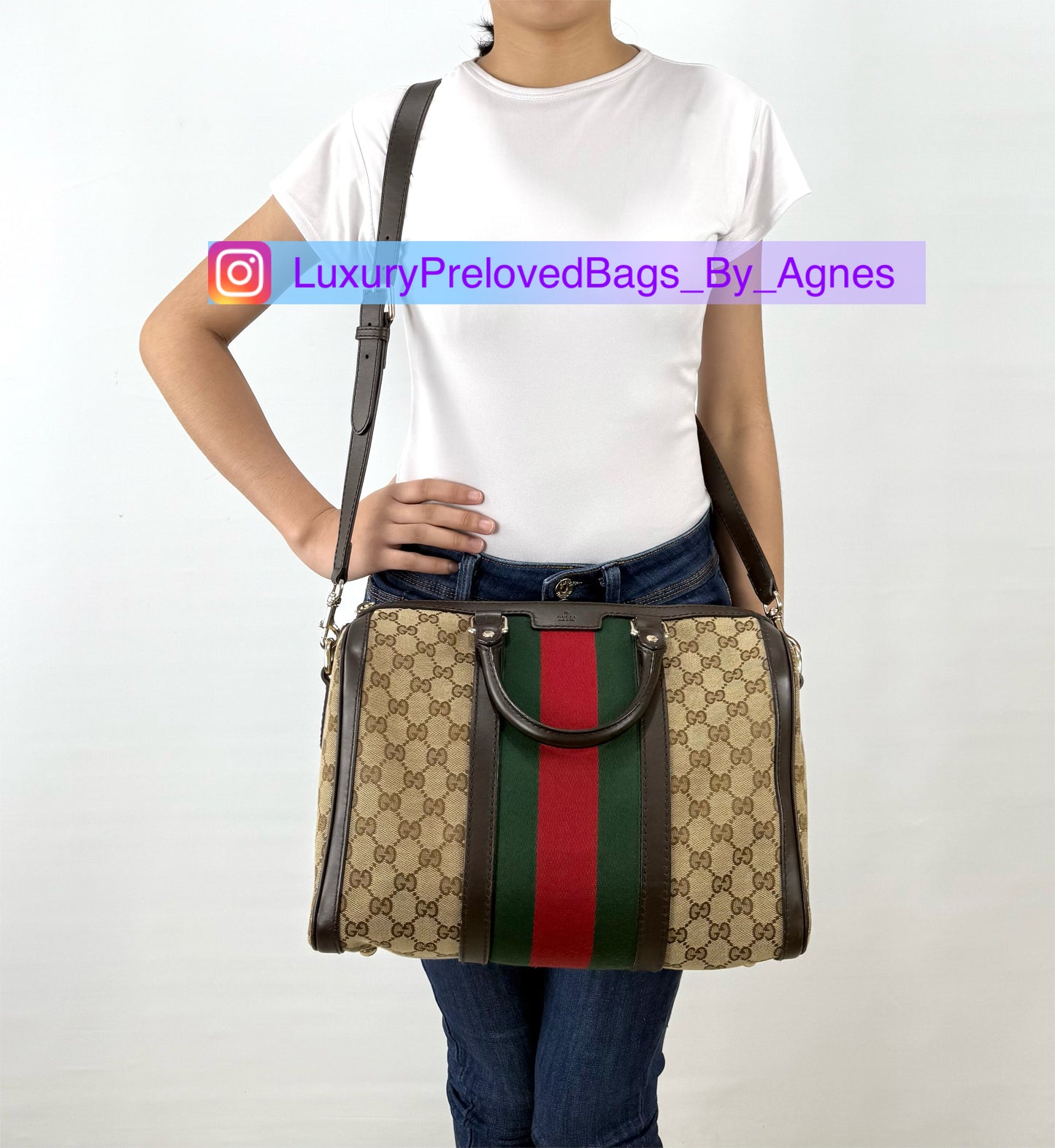 Gucci Brown Monogram Canvas Web Boston Bag