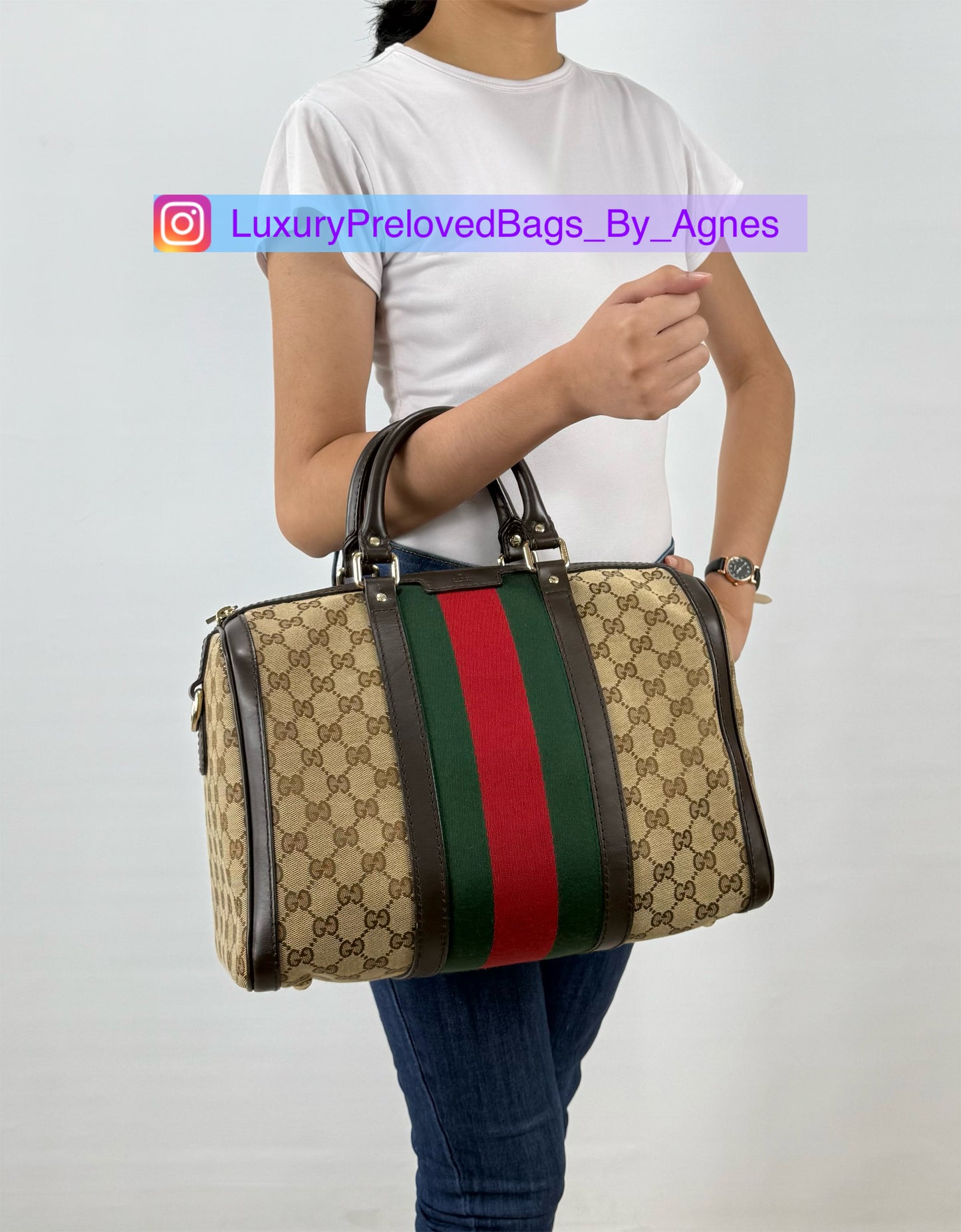 Gucci Brown Monogram Canvas Web Boston Bag