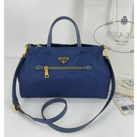Prada Zip Convertible Tote Tessuto/Saffiano Blue