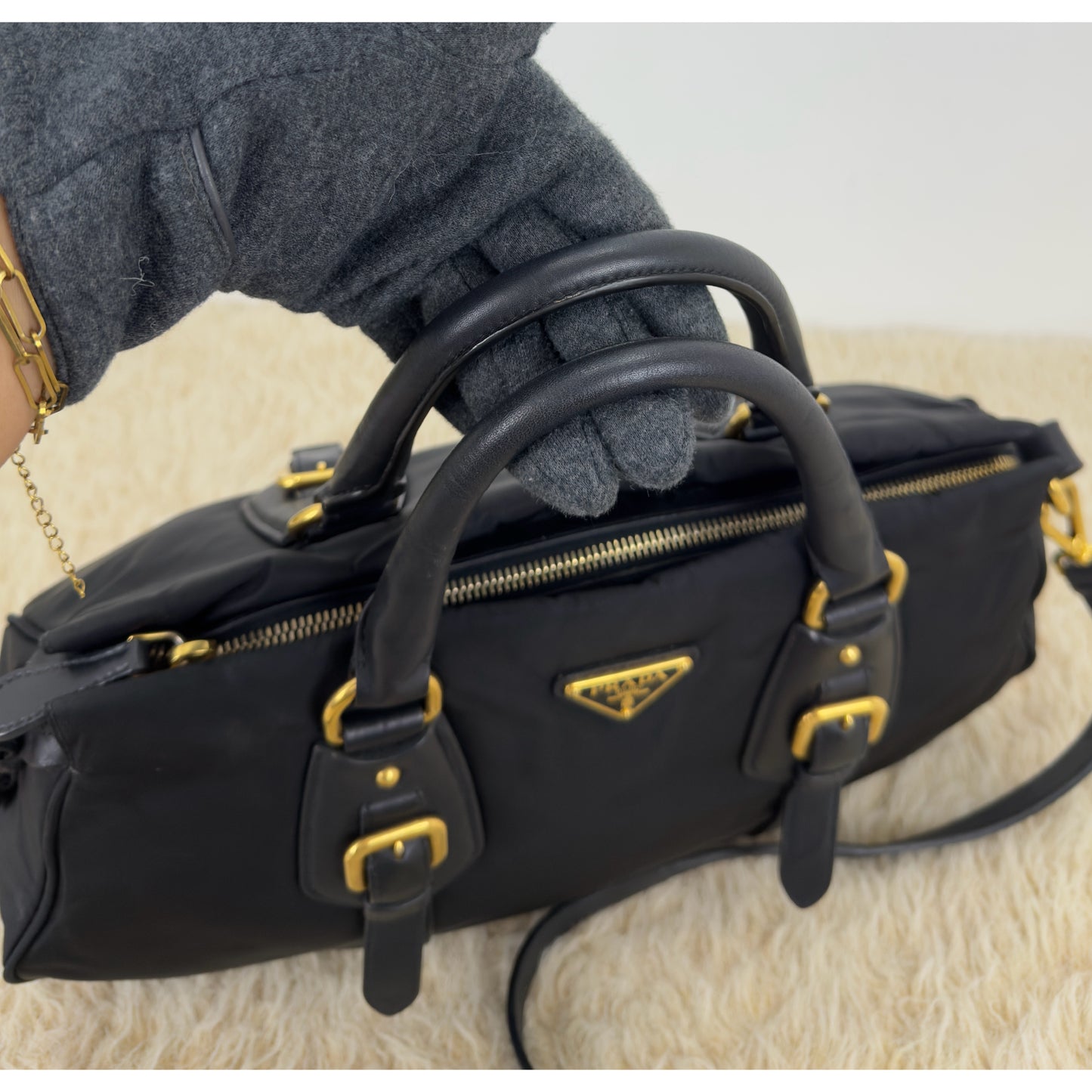 Prada Tessuto Nylon and Leather Bauletto Bag