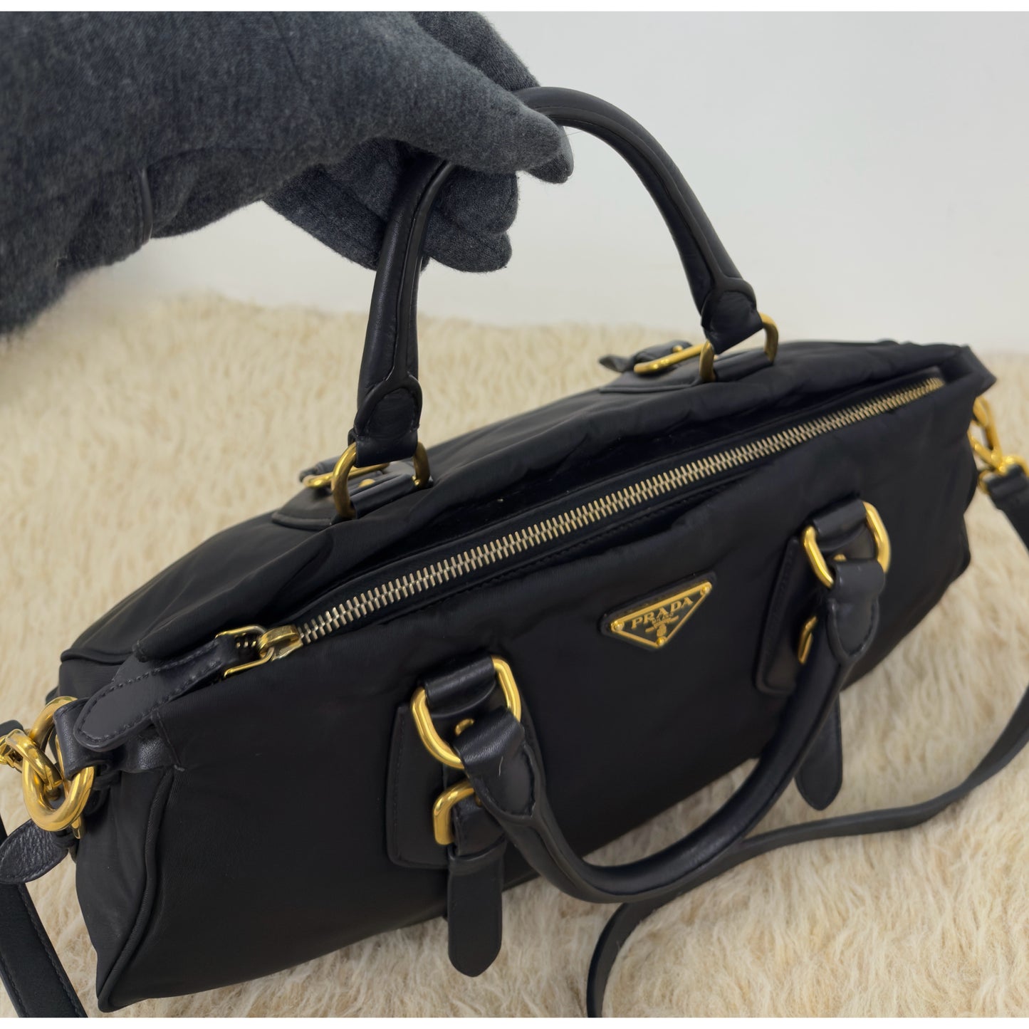 Prada Tessuto Nylon and Leather Bauletto Bag