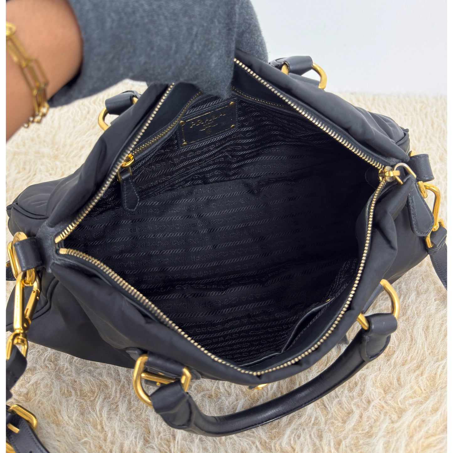 Prada Tessuto Nylon and Leather Bauletto Bag