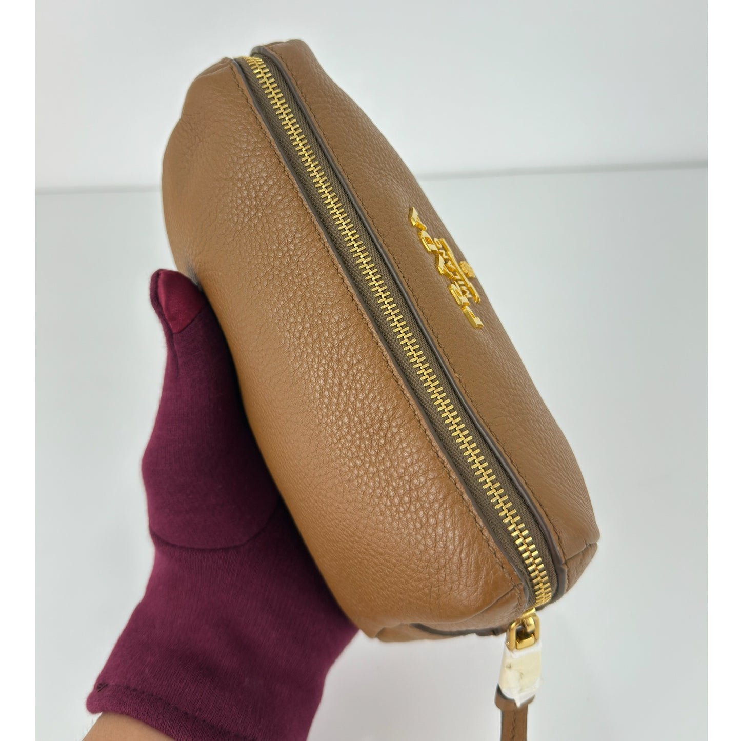 Prada Vitello Daino Canella Brown Leather Cosmetic Pouch