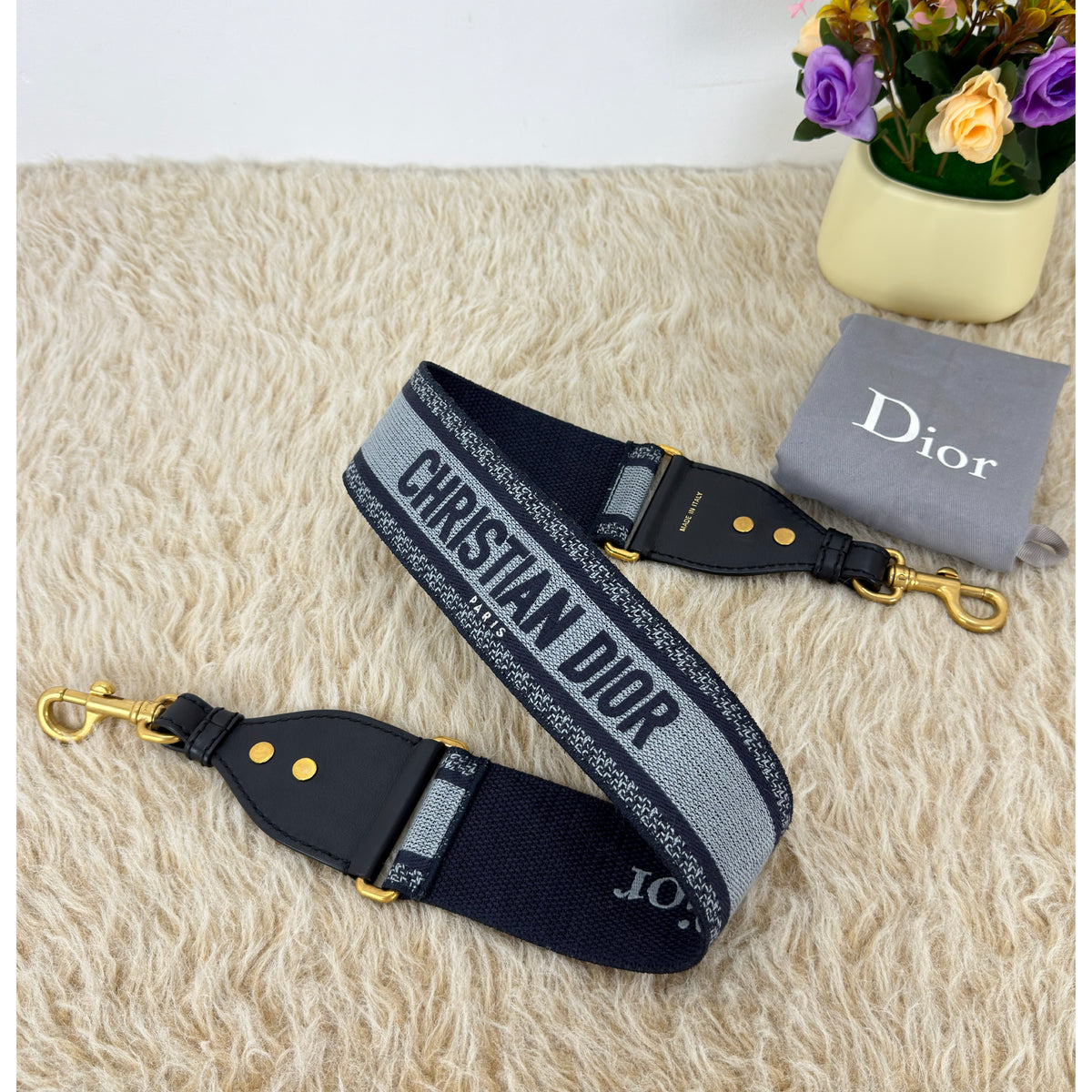 Christian Dior CD Embroidered Canvas Bag Strap Reversible
