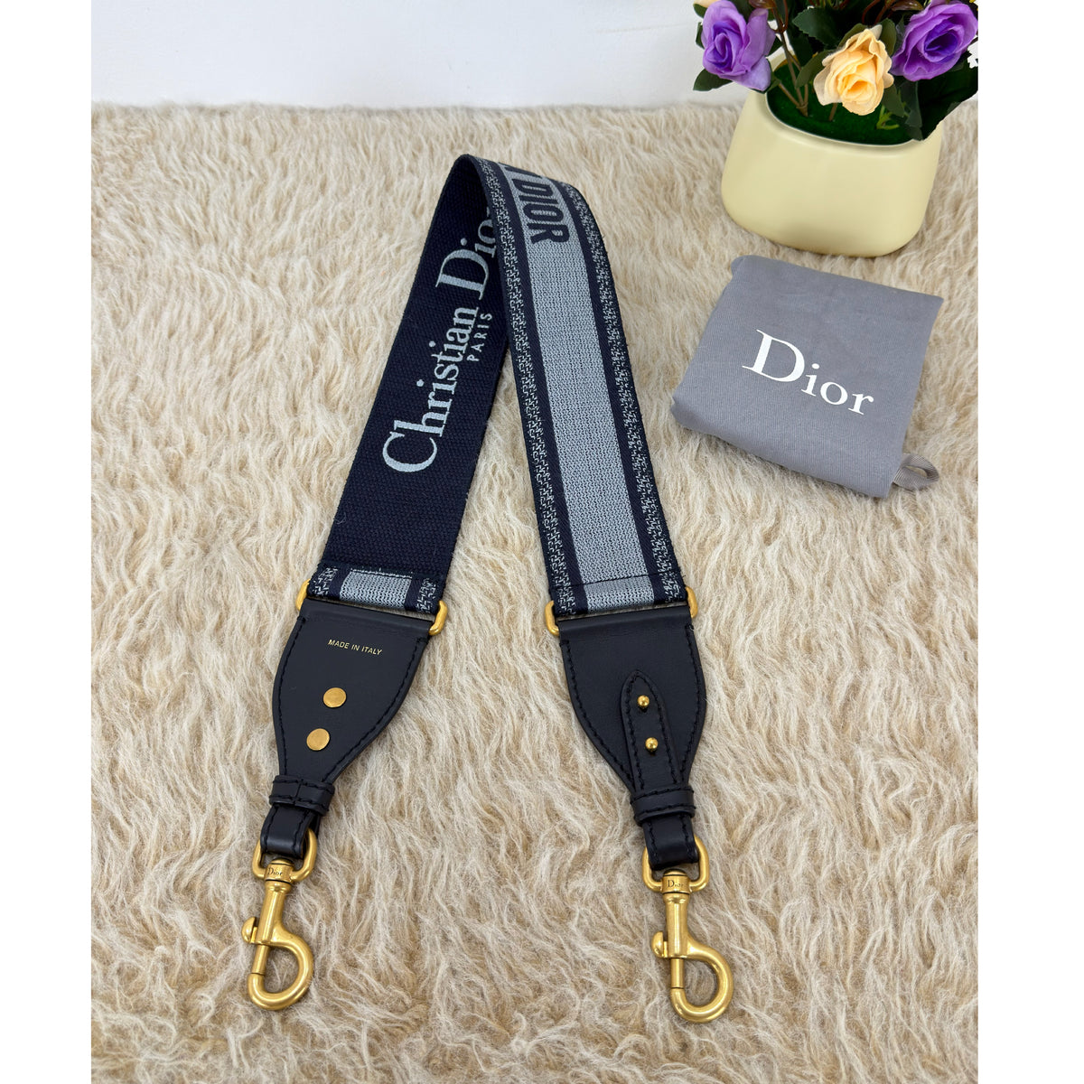 Christian Dior CD Embroidered Canvas Bag Strap Reversible
