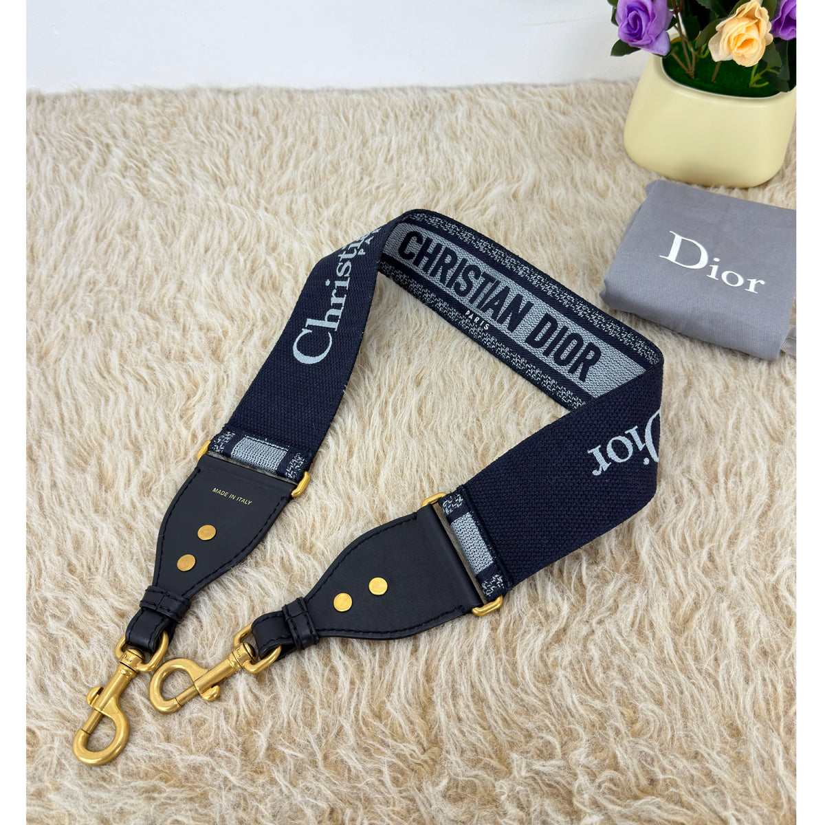 Christian Dior CD Embroidered Canvas Bag Strap Reversible