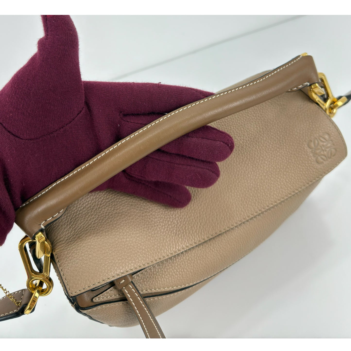 Loewe Grained Calfskin Small Puzzle Bag In Sand And Mink