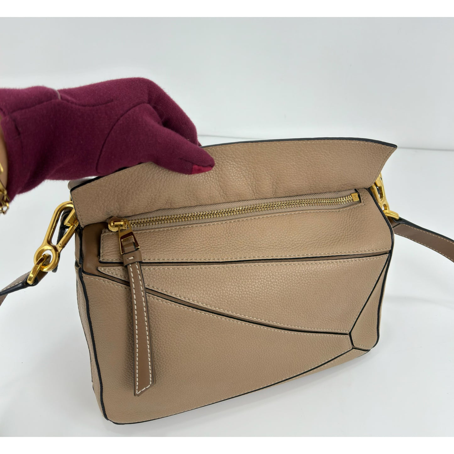 Loewe Grained Calfskin Small Puzzle Bag In Sand And Mink