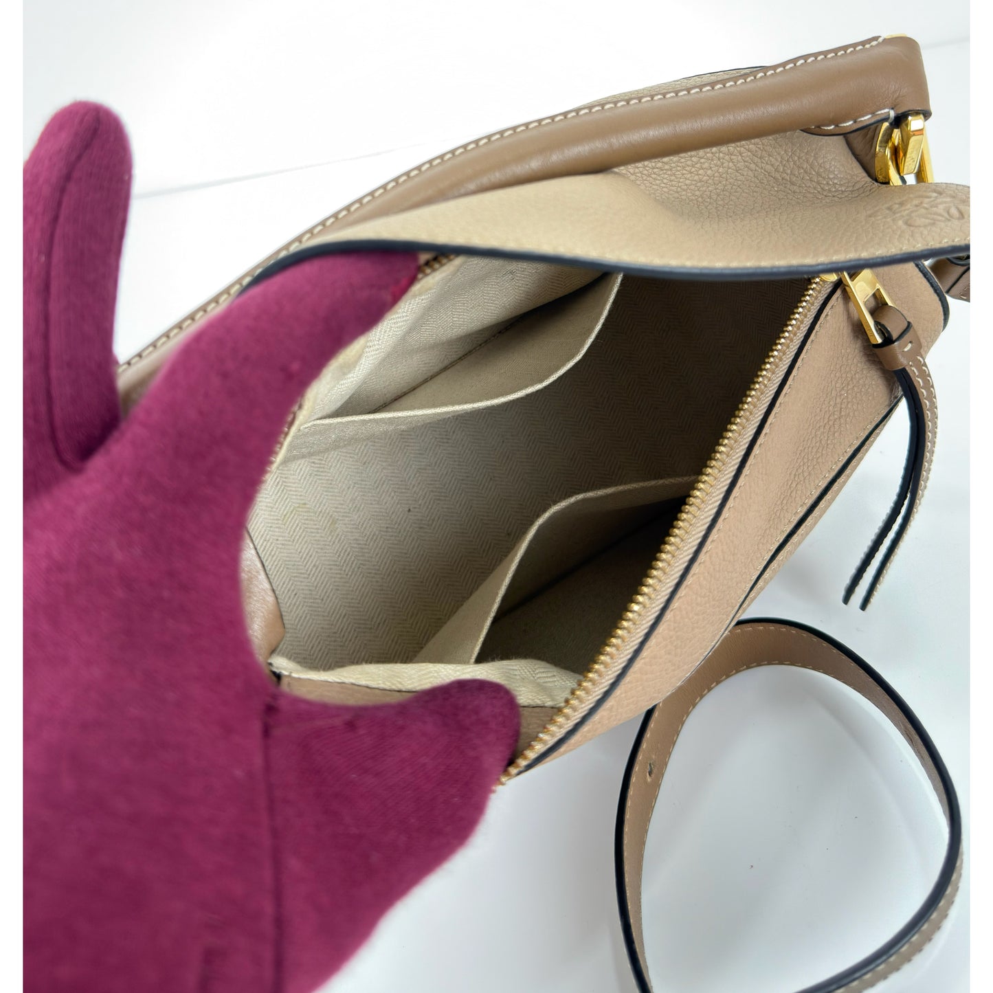 Loewe Grained Calfskin Small Puzzle Bag In Sand And Mink
