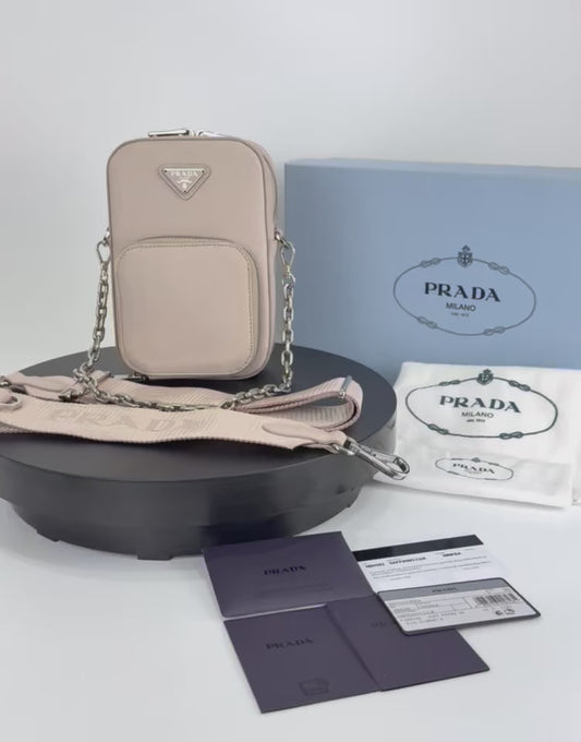 PRADA Mini Ninfea pink leather Saffiano Bag with chain & wide logo strap 1BH183